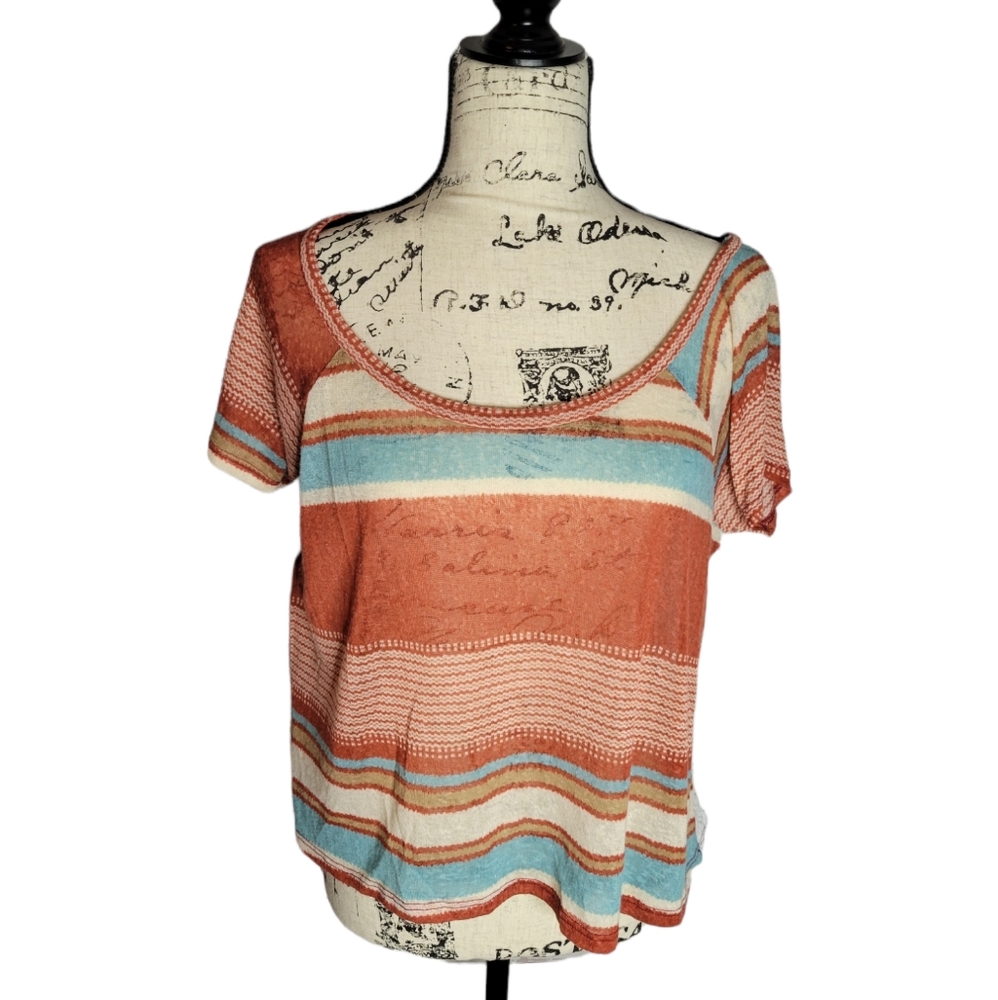 Fulltilt large red white lace back crop summer stripe boho top